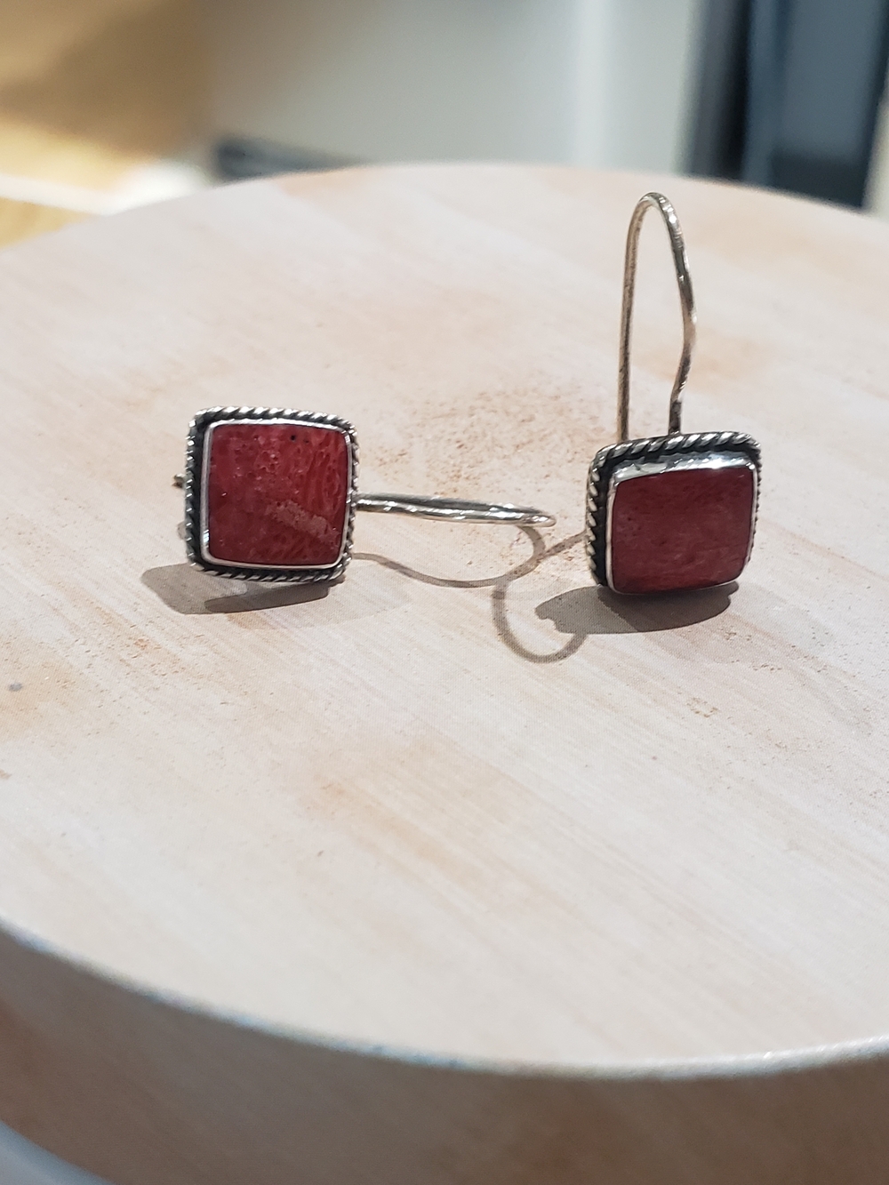 Red Square Stone Silver Drop Earrings - Women Jewelry